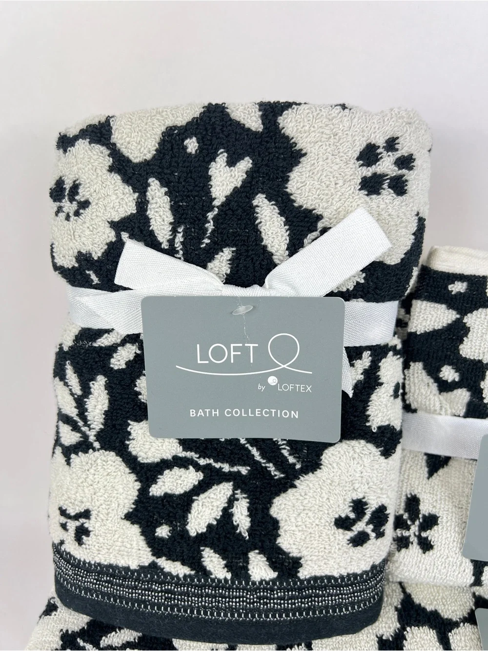 Loft by Loftex Bath Towel Set Bold Floral Black Off White 100% Cotton 8 Pc NEW